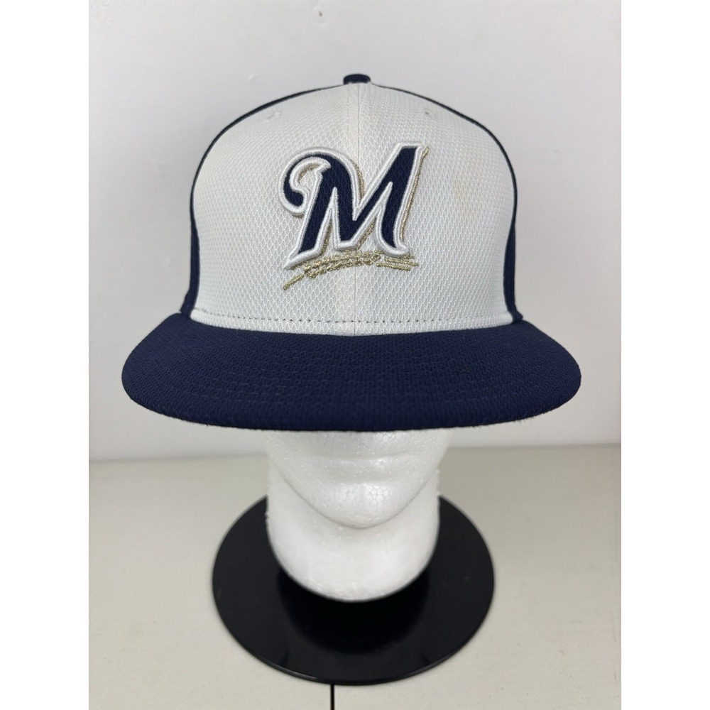 Milwaukee Brewers MLB Baseball New Era 59Fifty Fitted Hat Size 7 1/4 Navy White